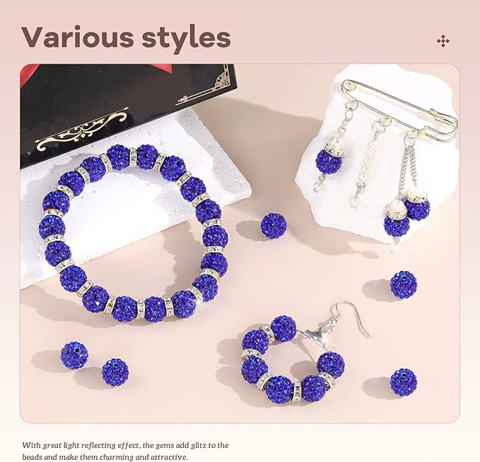 160pcs 10mm Rhinestone Beads for Jewelry Making, Dark Blue Shiny Round Disco Ball Beads Bulk, Sparkle Crystal Clay Christmas for Bracelet Baseball Necklace Earring Crafting and DIY