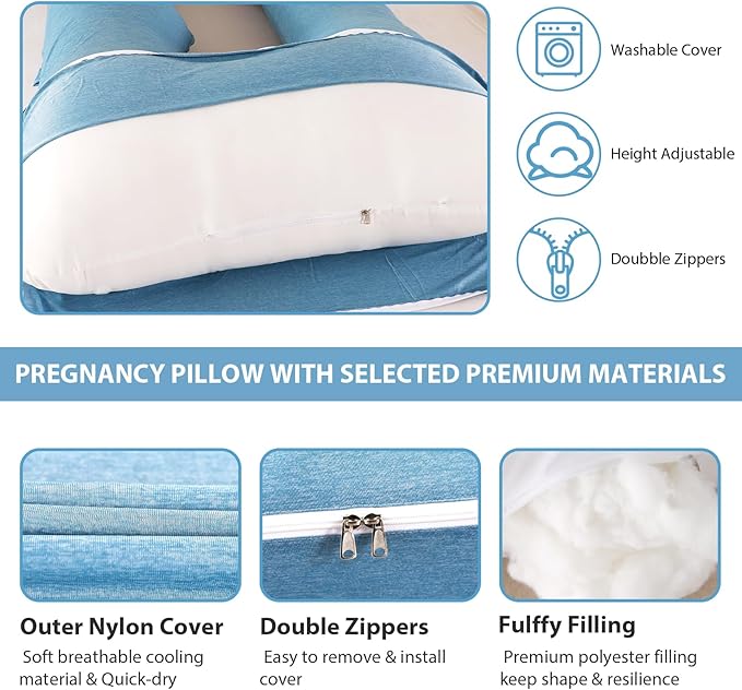 Amagoing Cooling Pregnancy Pillow for Sleeping, U Shaped Maternity Full Body Pillow for Women with Hip, Leg, Back Pain Support, Removable Cooling Cover Included (Light Blue)