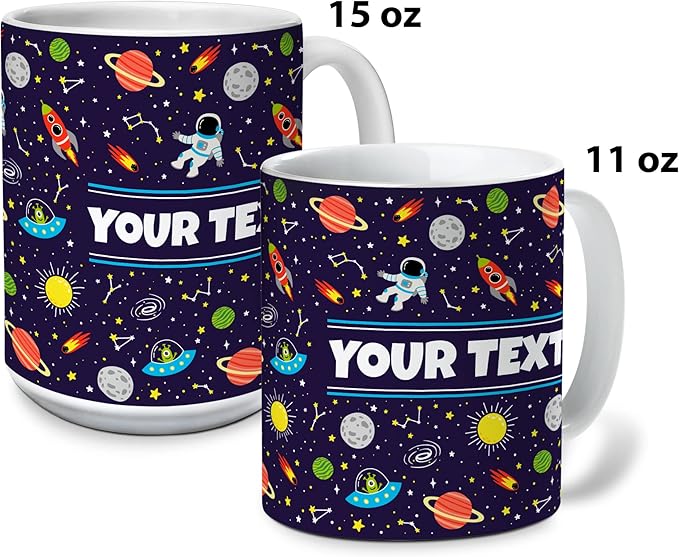 Personalized Mug for Kids - Outer Space - Custom Name/Text, Ceramic Hot Chocolate/Cocoa/Coffee Cup for Boys/Girls, Birthday/Christmas/Holiday Gift - 15 oz, White Handle