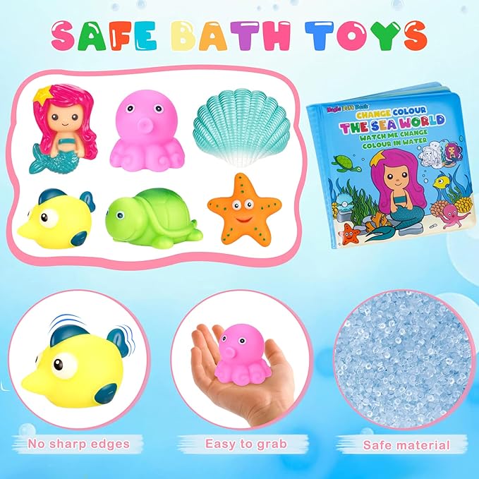 Light Up Bath Toys for Toddlers Kids Girls Baby, No Hole Glow Bath Toys with Bath Book & Organizer, Led Light Bath Time Water Toys for Bath Tubs Bathrooms Pool, Gift for Toddlers Girls Infants