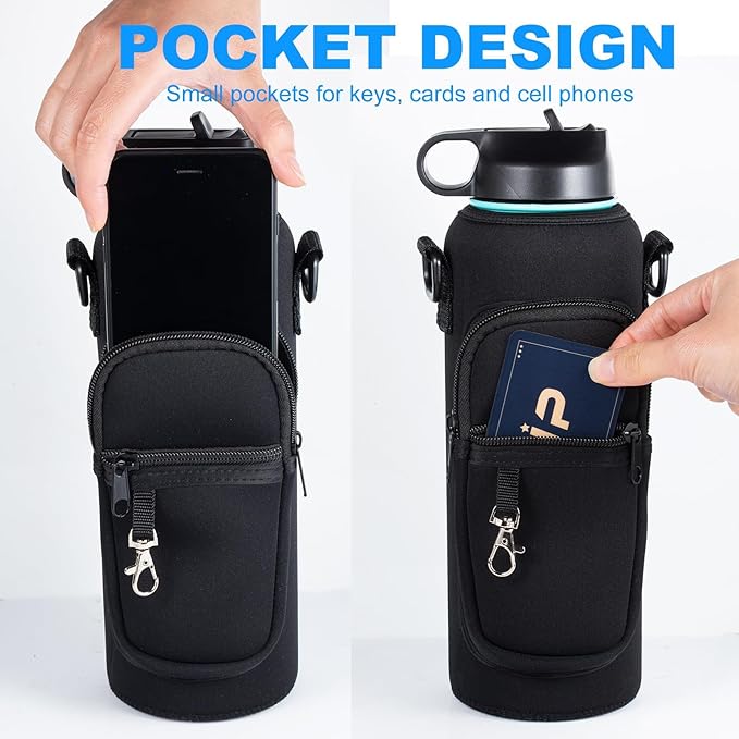 Water Bottle Holder with Strap for Hydroflask 32oz 40oz, Carrier Sling Bag with Phone Pocket Sleeve for Men Women Hiking Camping Travelling（Pink12/16oz）
