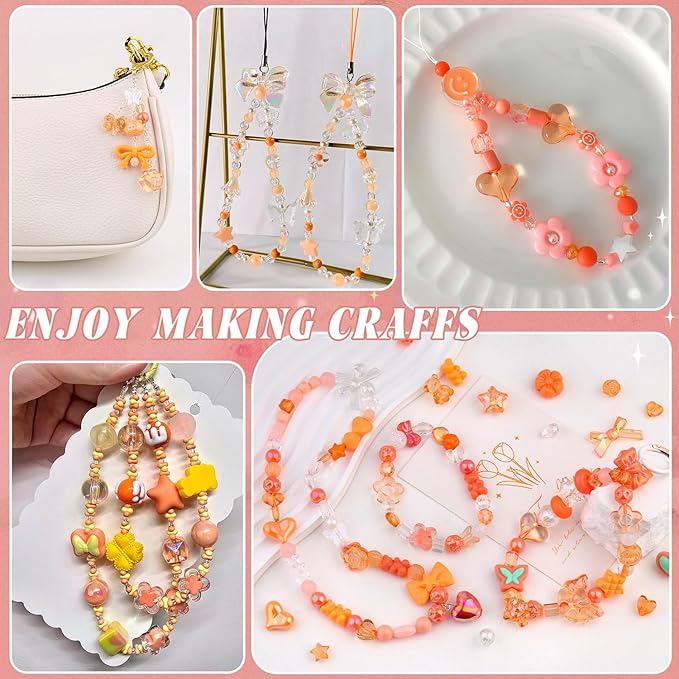 Assorted 170-230PCS Orange Acrylic Beads for Bracelet Making, Flower Bow Butterfly Candy GummyBear Aesthetic Bracelet Charms,Cute Beads for Jewelry Making DIY Necklace Keychain Phone Charm