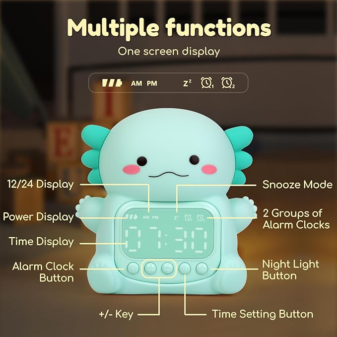 Axolotl Alarm Clock with Night Light for Kids, 7 RGB Color Cute Alarm Clocks for Bedrooms Ok to Wake Clocks, Silicone Animal Tabletop Lamp for Teen Girls Boys, Green