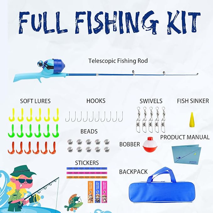 Kids Fishing Pole, Telescopic Fishing Rod, Toddler Collapsible Fishing Rod and Reel Combo with Tackle Box, Fishing Line, Bobber, and Soft Lures for Boy, Girl, Youth, Beginner, Over 4 Years Old