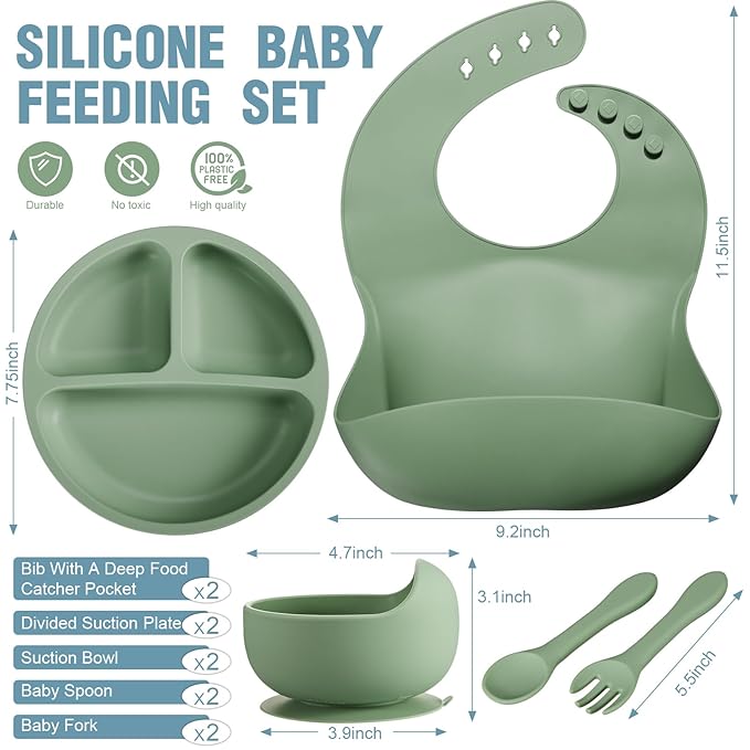 10 Pack Silicone Baby Feeding Set, Toddlers Led Weaning Feeding Supplies with Suction Baby Bowl Divided Plate Adjustable Bib Soft Silicone Spoon Fork, Infant Self Eating Utensil Set (Blue, Green)