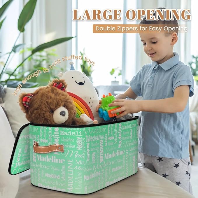 Custom Storage Basket with Name, Personalized Storage Bins with Zipper Lid, Foldable Fabric Storage Box Large capacity with Handle Green Gradient