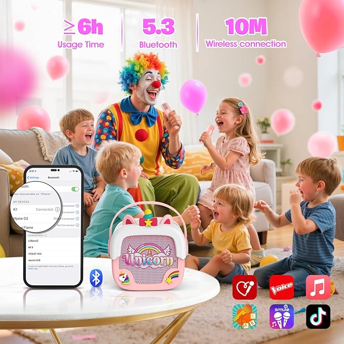 Mini Karaoke Machine for Kids Girls: Unicorn Portable Bluetooth Speakers with 2 Wireless Mic Birthday Gifts for 5 6 7 8 9 10 11 Years Teens Toys for Girls Age 4-6 7 8 9 Years Old Girl Gifts Pink