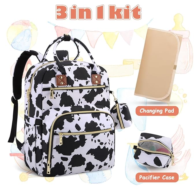 Baby Diaper Bag Backpack, Travel Diaper Bags for Baby Girl Boy Large Capacity Baby Bag Backpack for Women Cow Print