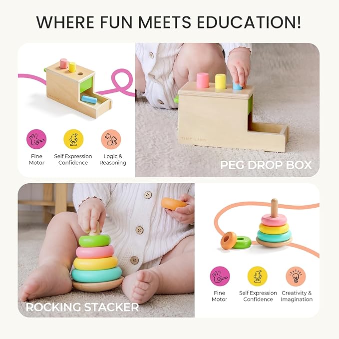 Tiny Land Montessori Toy Set for Babies 1 Year Old Thinker Play Kit- 5-in-1 Wooden Learning Toys with Peg Drop Box, Rocking Stacker, Egg Cup, Canister Set, and Crinkle Bag