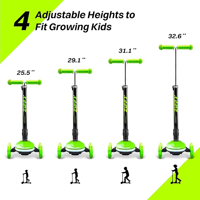 ZIFFY 3-Wheel Light-Up Kids Scooter, Kids Balance Scooter for Boys Girls with 20 Dynamic LED Lights, 4 Adjustable Height, Lean-to-Steer Design with Anti-Slip Wide Surface for Stability - Up to 110LBS