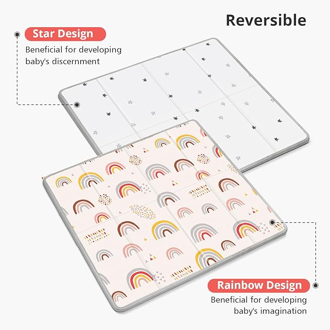 Foldable Baby Play Mat, PIGLOG 50x50 Playpen Mat, Safe Foam Playmat for Tummy Time, Waterproof Playmats for Babies and Toddlers Kids, Reversible Portable Baby Floor Mat for Infant, Rainbow Rain