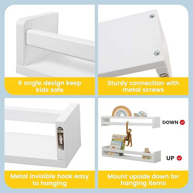 Fun Memories Nursery Book Shelves - Rustic Natural Solid Wood Floating Bookshelf for Kids - Wall Book Shelves for Kids Room (White, 24inch - 4P)