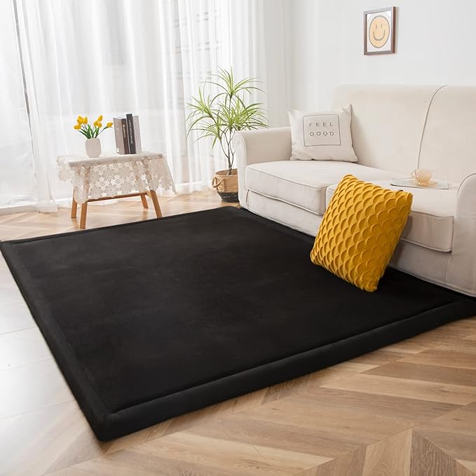 MAXYOYO Black Coral Velvet Area Rug, Thick Japanese Tatami Mat Living Room Carpet with Non-Slip Backing, Large Solid Color Mat for Bedroom Dormitory Yoga, 78 by 158 inch