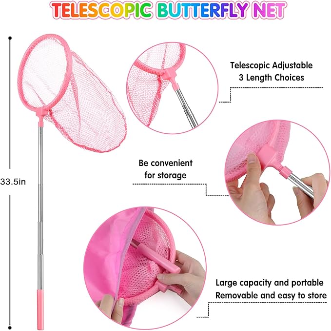 INNOCHEER Kids Explorer Kit & Bug Catcher Kit & Safari Costume Kit, Outdoor Exploration Set with Hat, Vest, Butterfly Net and Bugs Book for Boys Girls 3-12 Years Old (Camouflage Pink)