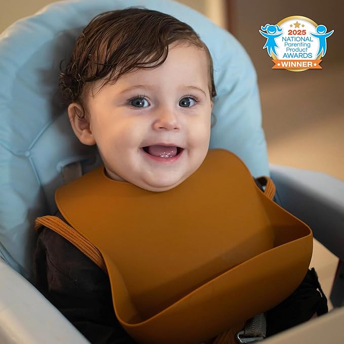 Moonkie Silicone Baby Bibs Set Of 2, BPA Free Soft Adjustable Fit Waterproof Feeding Bibs for Babies and Toddlers(Dark Grey/Warm Taupe)