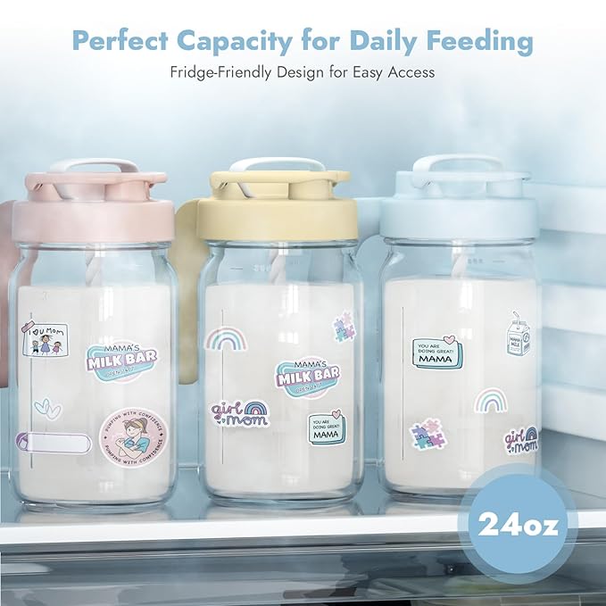 Papablic Glass Breastmilk Pitcher, Formula Mixing Pitcher with Mixing Handle Lid, Wide Mouth Mason Jar Mixer with Flip Locking Spout, Easy to Clean, BPA Free, Blue