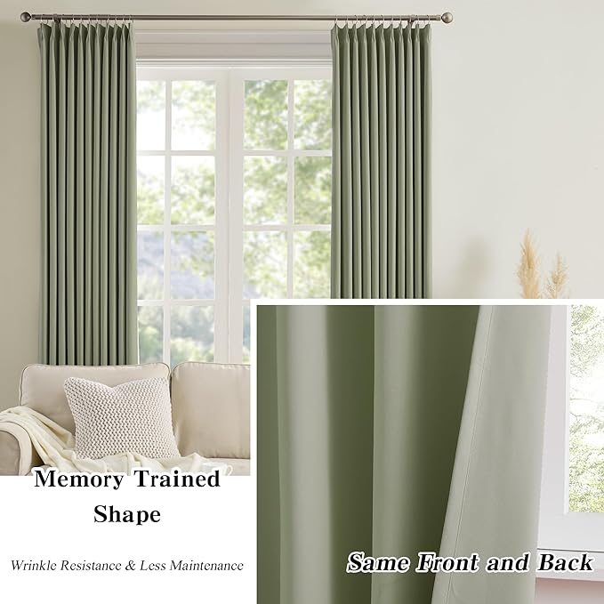 KEQIAOSUOCAI Pinch Pleated Curtains 120 Inches Long 10 FT Length, Luxury Blackout Bedroom Curtain Thermal Insulated Window Treatment Panels for Living Room(40x120,Sage Green,2 PCs)