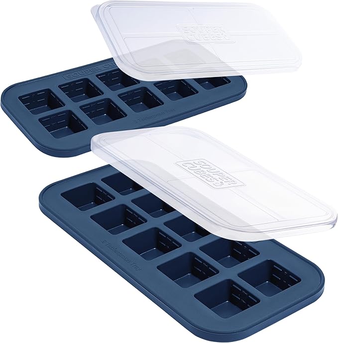 Souper Cubes 2 Tbsp. Silicone Freezer Molds - Perfect for Storing Garlic, Herbs, Ginger, Pesto, Tomato Paste, Lemon Juice, Purees and More - Silicone Baby Food Freezer Tray - Blueberry – 2-Pack