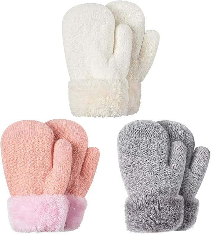 Winter Mittens Gloves Beanie Hat Set for Kids Baby Toddler Children, Thick Warm Knit Fleece Lined Thermal Set for Boys Girls