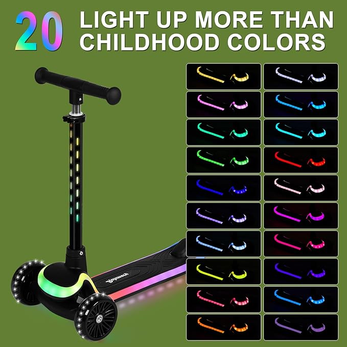 3-Wheel Light-Up Kids Scooter, 20 Different Light Patterns,Three Adjustable Heights,Lean to Steer, Balance Scooter for Ages 3-8
