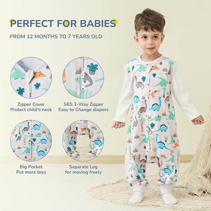 Baby Toddler Sleep Sack with Feet 2.5 TOG Winter, Wearable Blanket with Legs, Toddler Sleeping Sack Long Sleeve (Dinosaur, 2T-3T)