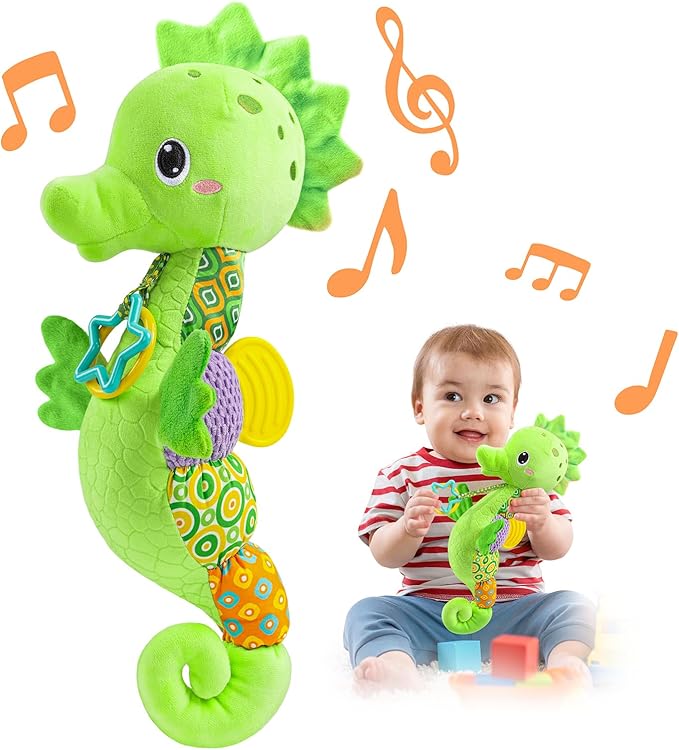 LIGHTDESIRE Baby Toys Musical Seahorse,Infant Stuffed Animal Toys with Crinkle and Rattles,Soft Sensory Toys with Textures for Tummy Time Newborn Boys Girls 0 3 6 12 Months(Green)