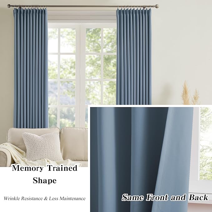 KEQIAOSUOCAI 2 PCs Dusty Blue Pleat Wide Drapes for Sliding Glass Door 60 Wide x 102 Inch Long, Privacy Light Block Noise Reduce Insulated Ceiling to Floor for Locker Room Basement Bedroom Closet