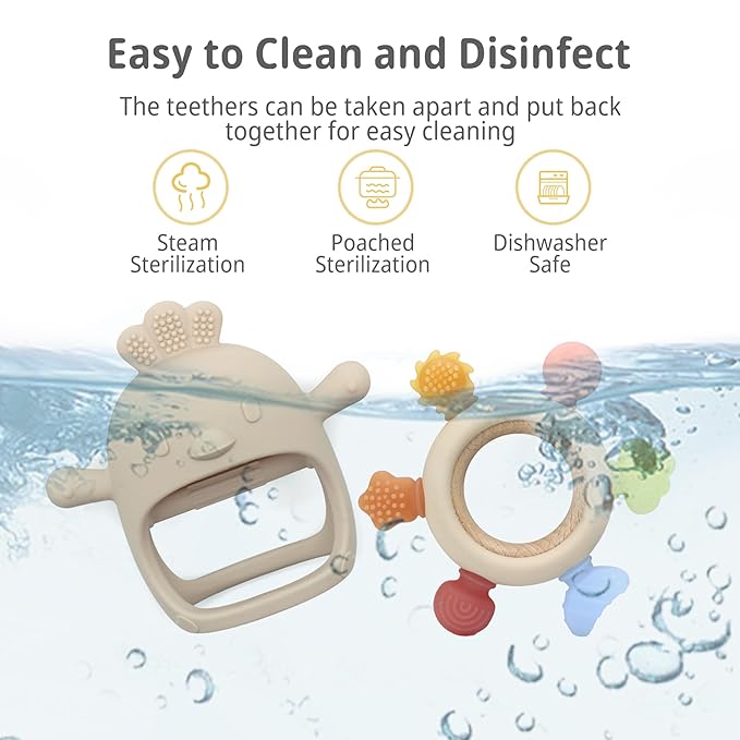 2 Pack Baby Teething Toys for 0-6 & 6-12 Months, Food Grade Silicone Teething Mitten No Drop Teether and Ring Teether, BPA Free, One-Piece, CPC Certified Baby Chew Toys for Sucking Needs