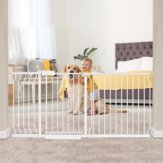Extra Wide Baby Gate Extra Tall Dog Gate for Stairs Doorways White Metal Tension Child Pet Safety Gates with Pressure Mount 67-71.5 Inch (White)