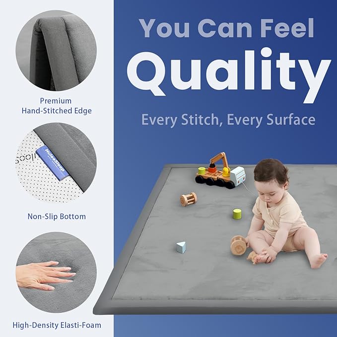 Baby Play Mat for Floor,1.3" Thick Memory foam Tummy Time Mat,79"×158“ Extra Large Soft Velvet Nursery Rug,Non Slip Safe for Crawling,Toddlers,Infants,kids,Tatami Style for Living Room(Dark Grey)