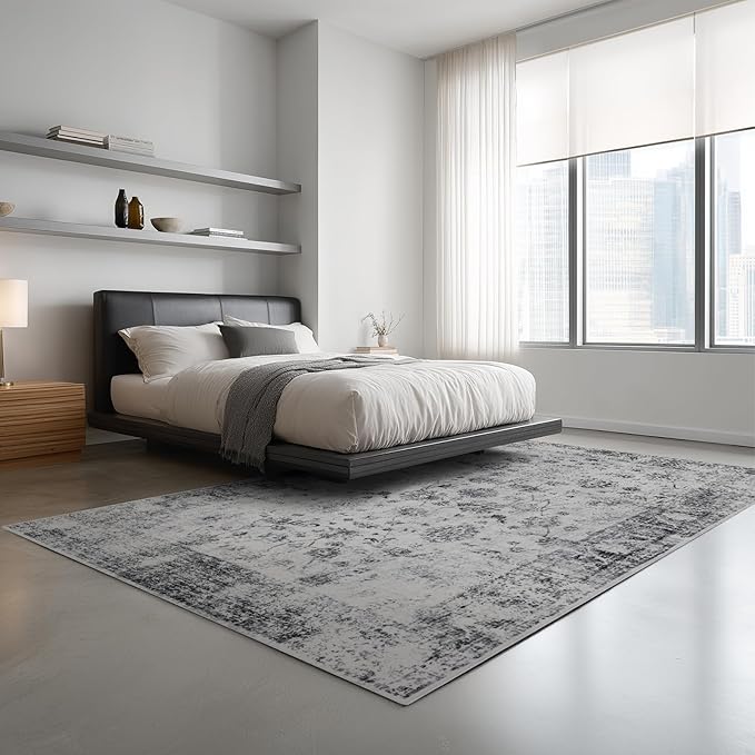 4x6 Washable Area Rug for Living Room, Carpet for Bedroom, Soft Faux Wool Retro Dining Room Rug, Non Slip&Non-Shedding Resistant Low Pile Vintage Print Rug for Home Office (White/Grey)