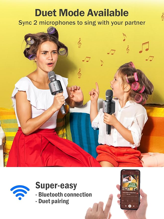 Wireless Bluetooth Karaoke Microphone, Built-in Loud Speaker for 10H Playback, Add Reverb/Duet Mode/Earbuds Monitoring, Portable Karaoke Machine for Entertainment & Singing Practice (Gray)