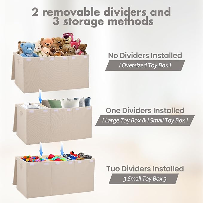 Extra Large Toy Box 167L, Sturdy Toy Storage Chest Organizer Bin Baskets with 2 Removable Divider for Boys, Girls, Kids, Nursery, Bedroom, Playroom, 35.5"x17" x17" (Linen Beige)