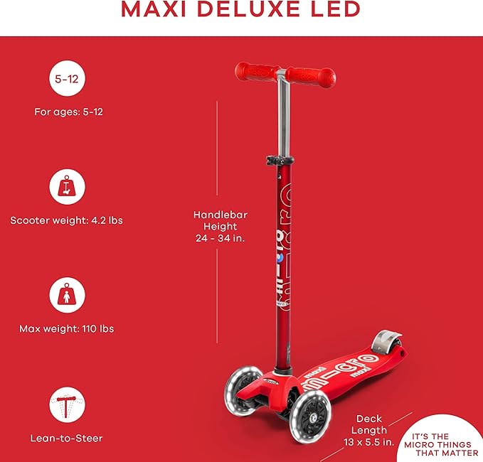 Micro Kickboard - Maxi Deluxe LED - Three Wheeled, Lean-to-Steer Swiss-Designed Micro Scooter for Kids with Motion-Activated Light-Up Wheels for Ages 5-12 …