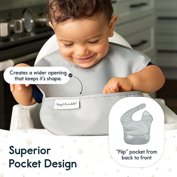 Tiny Twinkle Mess Proof Baby Bibs for Eating - Waterproof, Wipeable Bibs - Toddler Bibs - Travel Friendly - PFAS, PVC, BPA, Phthalate Free - Baby Food Bibs(5 Pack,Unisex Solids)