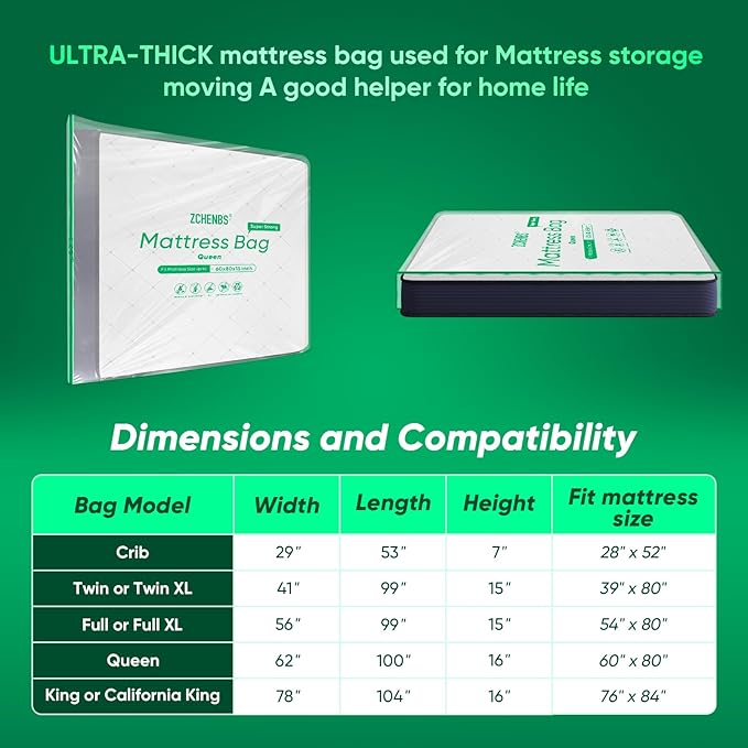 ZCHENBS® – Mattress Bags for Moving and Storage,Mattress Bag with Zippers,5 Mil Ultra-Thick Bed Bag,Waterproof,Anti-Tear,Heavy-Duty Mattress bag (Tansparent/Green, Queen-(1 Pack))