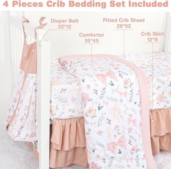 GFU Crib Bedding Set for Girls 4-Piece, Bow Baby Girl Crib Bedding Set Pink Flowes, Nursery Sets Includes Comforter, Fitted Crib Sheet, Crib Skirt, and Diaper Stacker