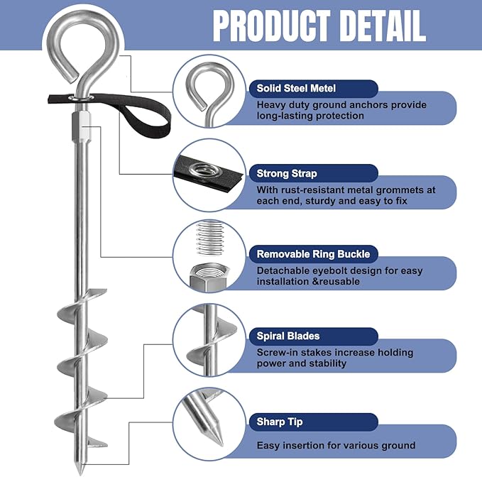 Eurmax USA Trampoline Stakes Screw in Tent Stakes Parts Heavy Duty for Canopies,4-Pack Outdoor Anchor Kit with Straps(Silver)