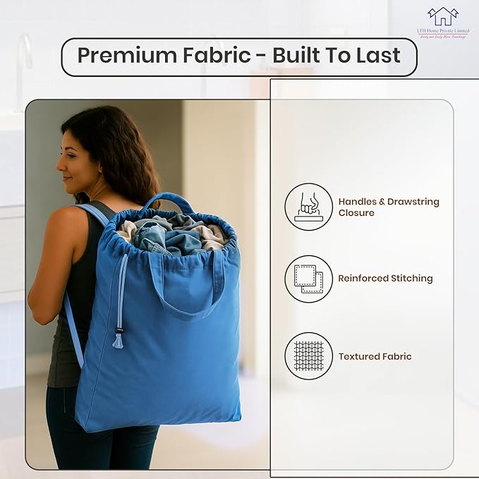 LFH Home Cotton Canvas Large Laundry Bag with Handle, Heavy Duty Drawstring Closure Washable Laundry Bags, School Travel, Home, Hotel, College Dorm, Organizer Sack, Toys Clothes 28x36-Sky Blue