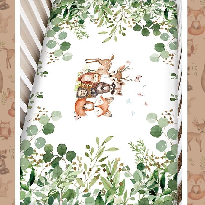 3 Pcs Baby Crib Bedding Set Safari Animals Dinosaurs Bear Woodland Animals Jungle Crib Set Includes Quilt, Fitted Sheet, Skirt for Baby Boy Girl(Green,Woodland Raccoons Deer Etc.)