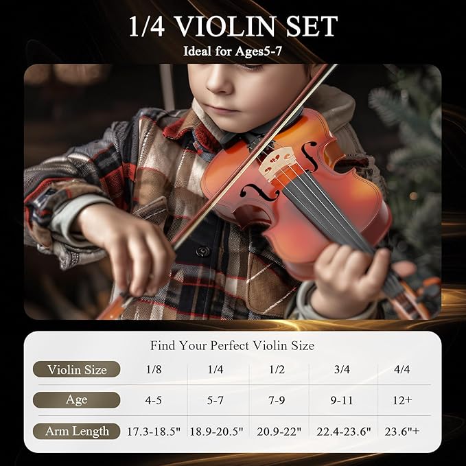 1/4 Violin Kit, Beginner Violin for Kids, Students, Complete Kids Violin Set with Case, Bow, Rosin, Ideal for Kids Violin Beginner Ages 5-7, Natural Finish