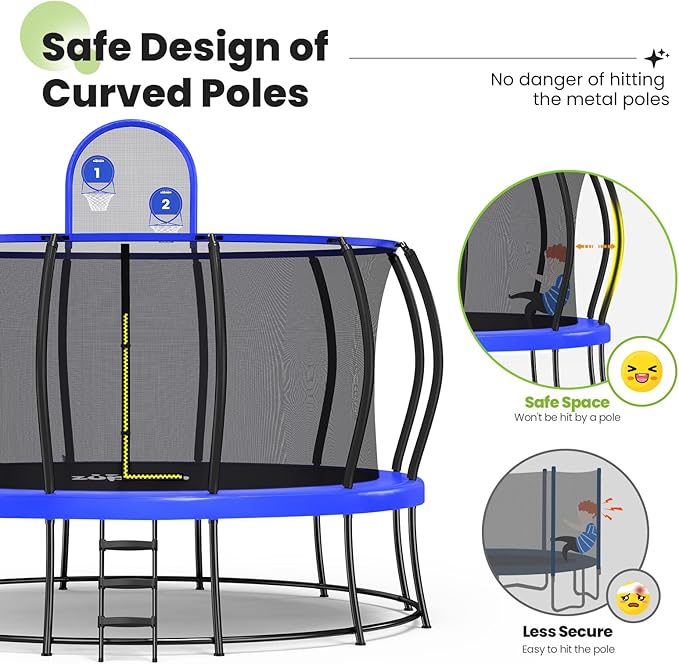 Zupapa 1800LBS Weight Capacity Double Frames Trampoline with No-Gap Design Curved Poles 16 15 14 12 10FT Trampolines with Enclosure Net for Kids Adults, Outdoor Family Fun