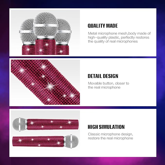 Sanwuta Fake Microphone Prop Sparkly Bling Rhinestones Plastic Play Microphone Pretend Glitter Bedazzled Mic for Cosplay Party Costume(Dark Pink)