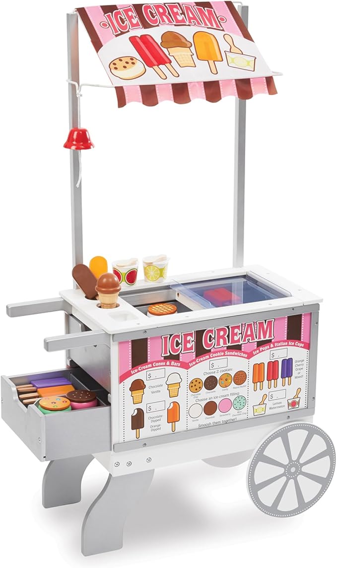 Melissa & Doug Wooden Snacks and Sweets Food Cart - 40+ Play Food pcs, Reversible Awning