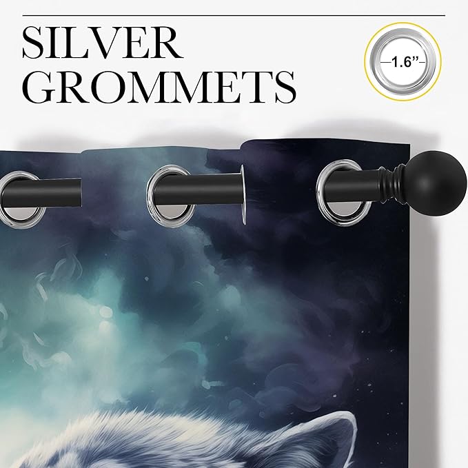 Forest Wildlife Blackout Curtains for Boys Girl Bedroom Decor,Blue Fantasy Starry Sky Howling Wolf Thermal Insulated Grommet Drapes Darkening Window Curtain for Living Room Home 55x63 inch