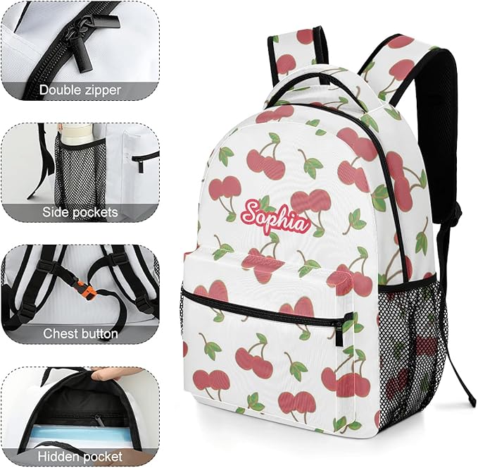 Cherry Pattern Custom Kids Backpack 16.5 Inch for Boy Girl, Personalized Waterproof Child School Travel Bag with Name