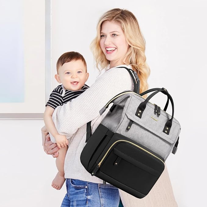 LOVEVOOK Diaper Bag Backpack, Baby Bag with Changing Station, Large Diaper Backpack for Mom Dads, Waterproof Leather Mommy Bag for Boy and Girl, Travel Essential Baby Shower, Black-Grey