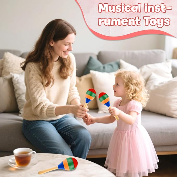 4 Pcs Maracas Hand Percussion Rattles, PLULON Colorful Wooden Maracas Rumba Shakers Rattle Latin Musical Instrument for Kids Adults Game Playing, Mexican Fiesta Cinco De Mayo Party Favors Supplies