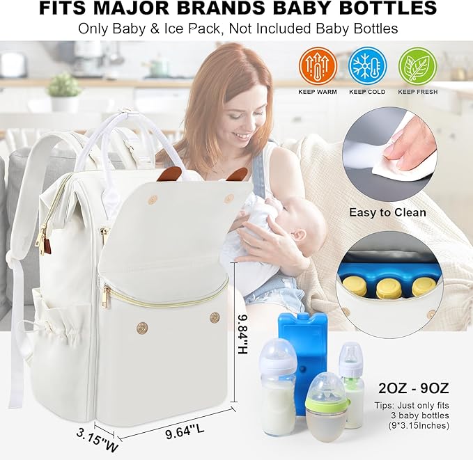 PIIOSER Diaper Bag Backpack with Ice Pack, Large Capacity & Waterproof Convertible Diaper Bag Tote for Moms Dads, Insulated Baby Tote Bag with Changing Pad, Stroller Straps & Pacifier Case, Cream