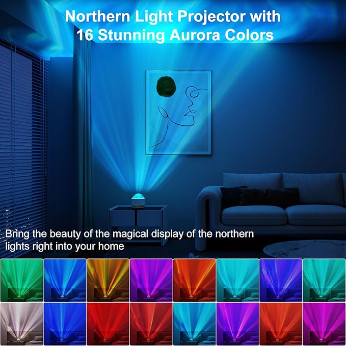 Northern Lights Projector, 16 Light Color Aurora Night Light Projector for Bedroom, Remote Galaxy Light Projector, Dimmable Mood Lighting with Memory Function for Playroom Kids Teen Girl Gift